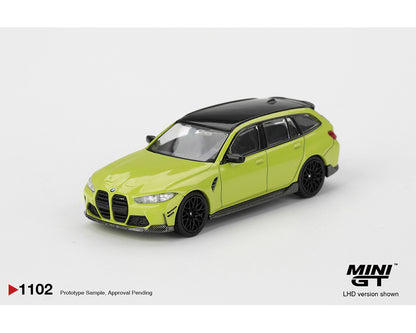 Model car of a lime green BMW with black roof on a white background, featuring the MINI GT logo.