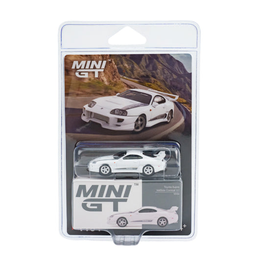 Mini GT 1:64 Toyota Supra VeilSide Combat V-I White diecast model car in blister packaging with VeilSide body kit MGT01104-BL