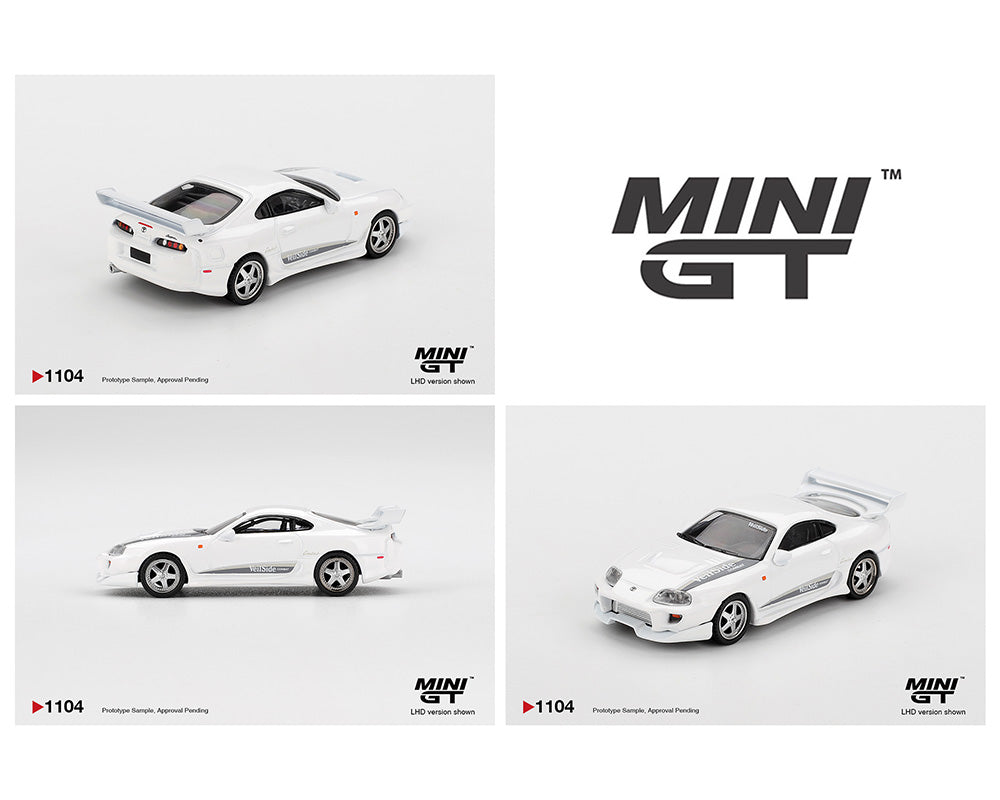 Three white model cars with 'MINI GT' branding on a light gray background