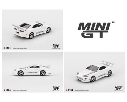 Three white model cars with 'MINI GT' branding on a light gray background