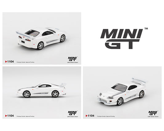Three white model cars with 'MINI GT' branding on a light gray background