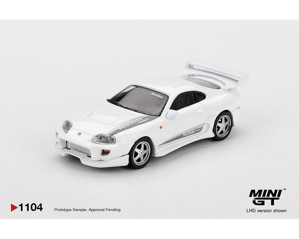 White model car on a gray background with 'MINI GT' branding.