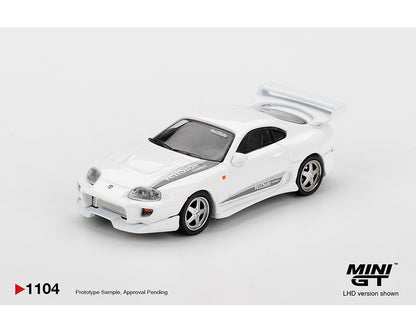 White model car on a gray background with 'MINI GT' branding.