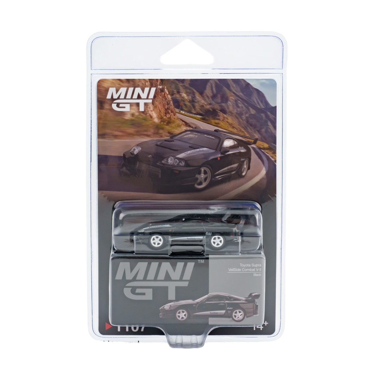 Mini GT 1:64 Toyota Supra VeilSide Combat V-II Black diecast model car in blister packaging, MGT01107-BL