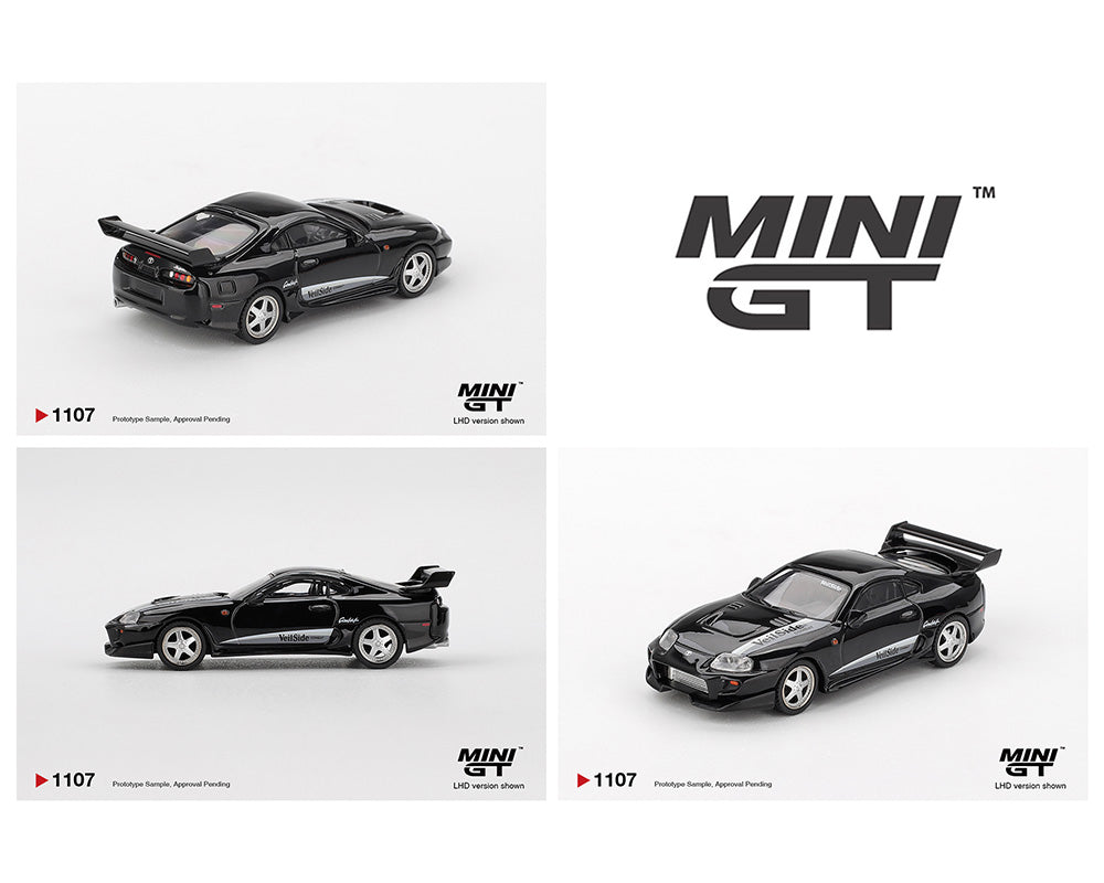 Three black model cars with 'MINI GT' branding on a white background