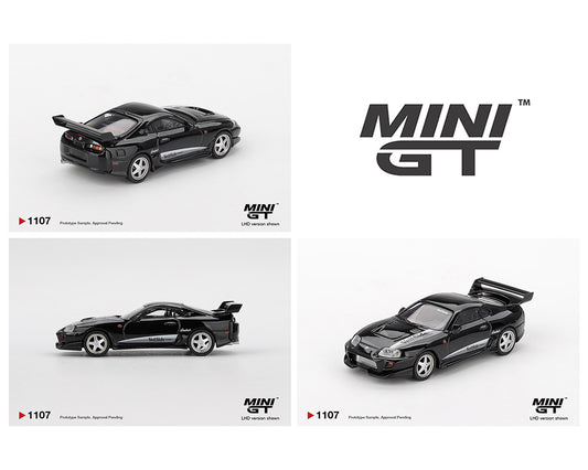 Three black model cars with 'MINI GT' branding on a white background