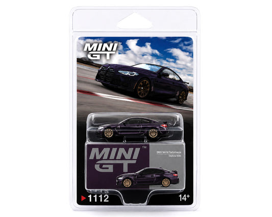 Mini GT 1:64 BMW M4 M Performance Daytona Violet diecast model car in blister packaging with gold wheels MGT01112-BL