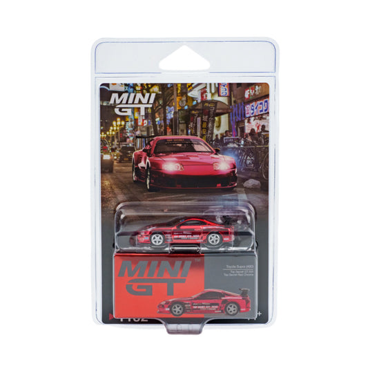 A packaged miniature toy car set from Mini GT, featuring a red die-cast sports car displayed inside a clear blister pack with branded backing card and red box.