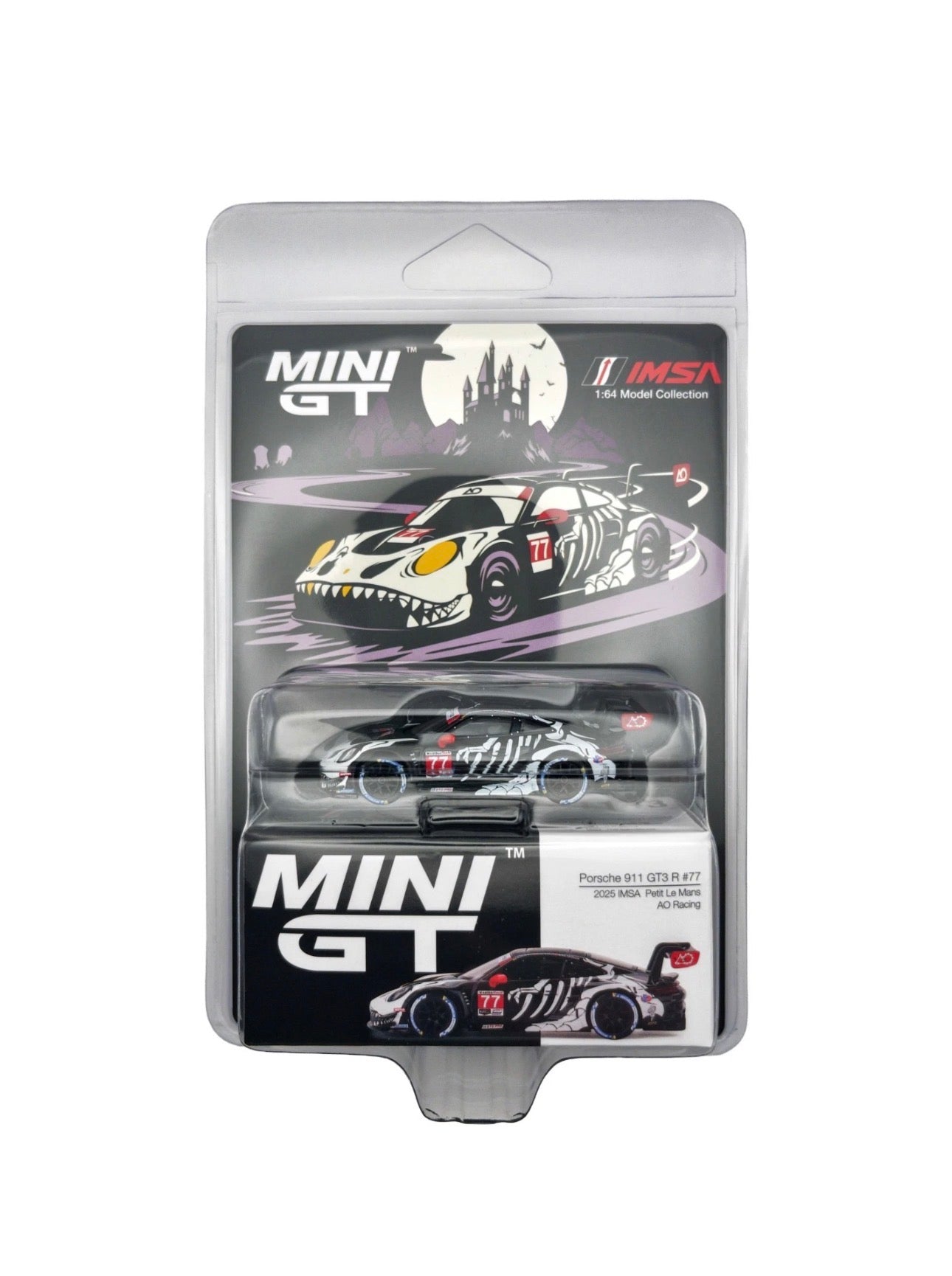 MINI GT IMSA 1:24 Model Collection Porsche 911 GT3 Racer car in its original blister packaging, featuring a white, black, and red livery with a shark mouth graphic.