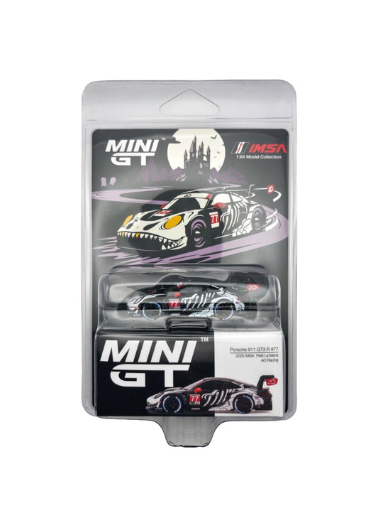 MINI GT IMSA 1:24 Model Collection Porsche 911 GT3 Racer car in its original blister packaging, featuring a white, black, and red livery with a shark mouth graphic.
