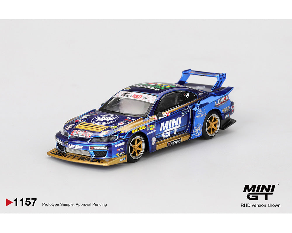 (Preorder) Mini GT 1:64 Nissan LB-Super Silhouette S15 SILVIA #555 Team MINI GT Liberty Walk 2025 Formula Drift – Chrome Blue MGT01157-BL
