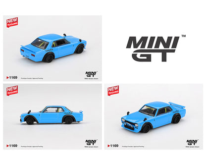 Collection of blue model cars with 'MINI GT' branding on a white background