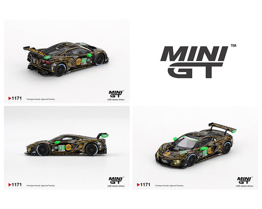 Mini GT model cars on a white background with brand logo.