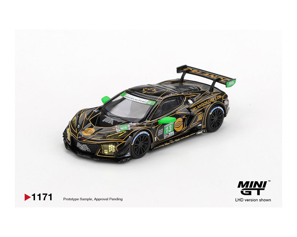 Black and gold model car with green accents on a white background, featuring the MINI GT logo.