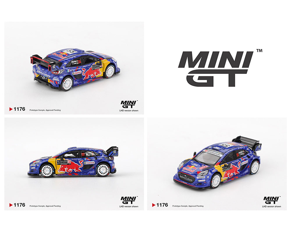 Three Mini GT model cars displayed on a white background with the brand logo.
