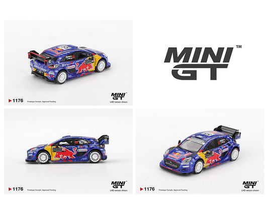 Three Mini GT model cars displayed on a white background with the brand logo.