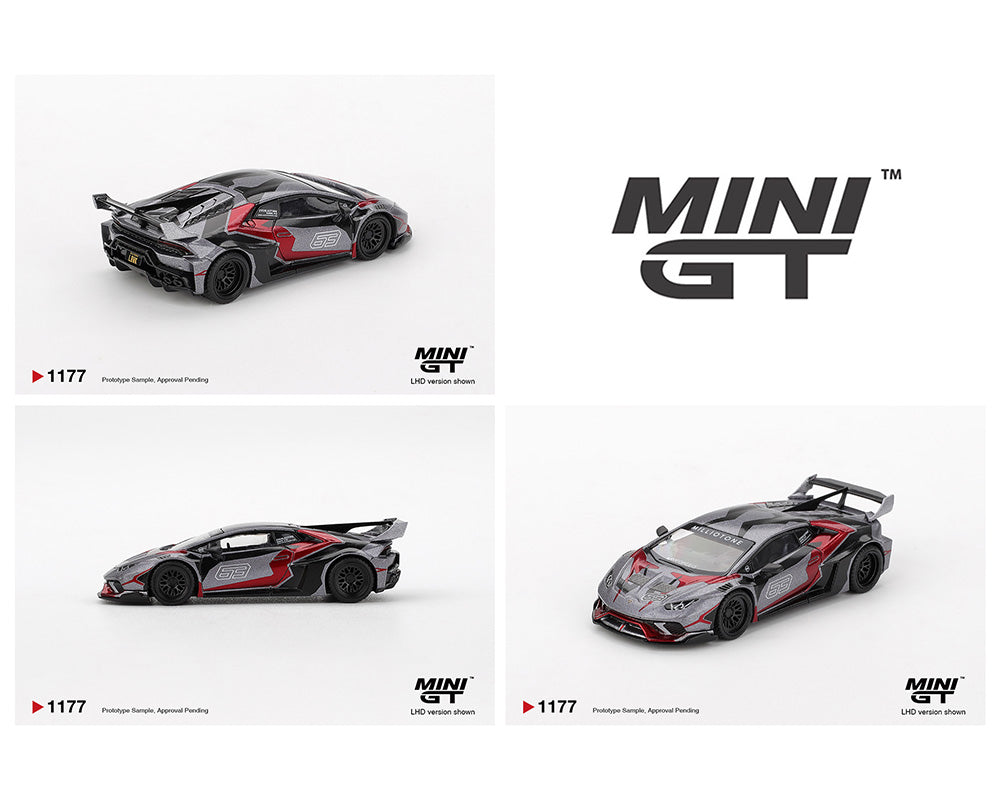 Mini GT model cars displayed with branding on a white background