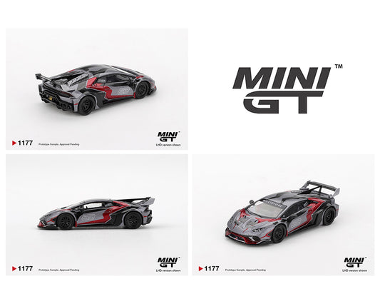 Mini GT model cars displayed with branding on a white background