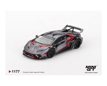 Model car with red and black design on a white background, featuring the MINI GT logo.