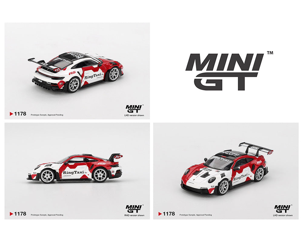 Three views of a red and white racing car with 'Ring Taxi' branding on a light gray background, featuring the MINI GT logo.