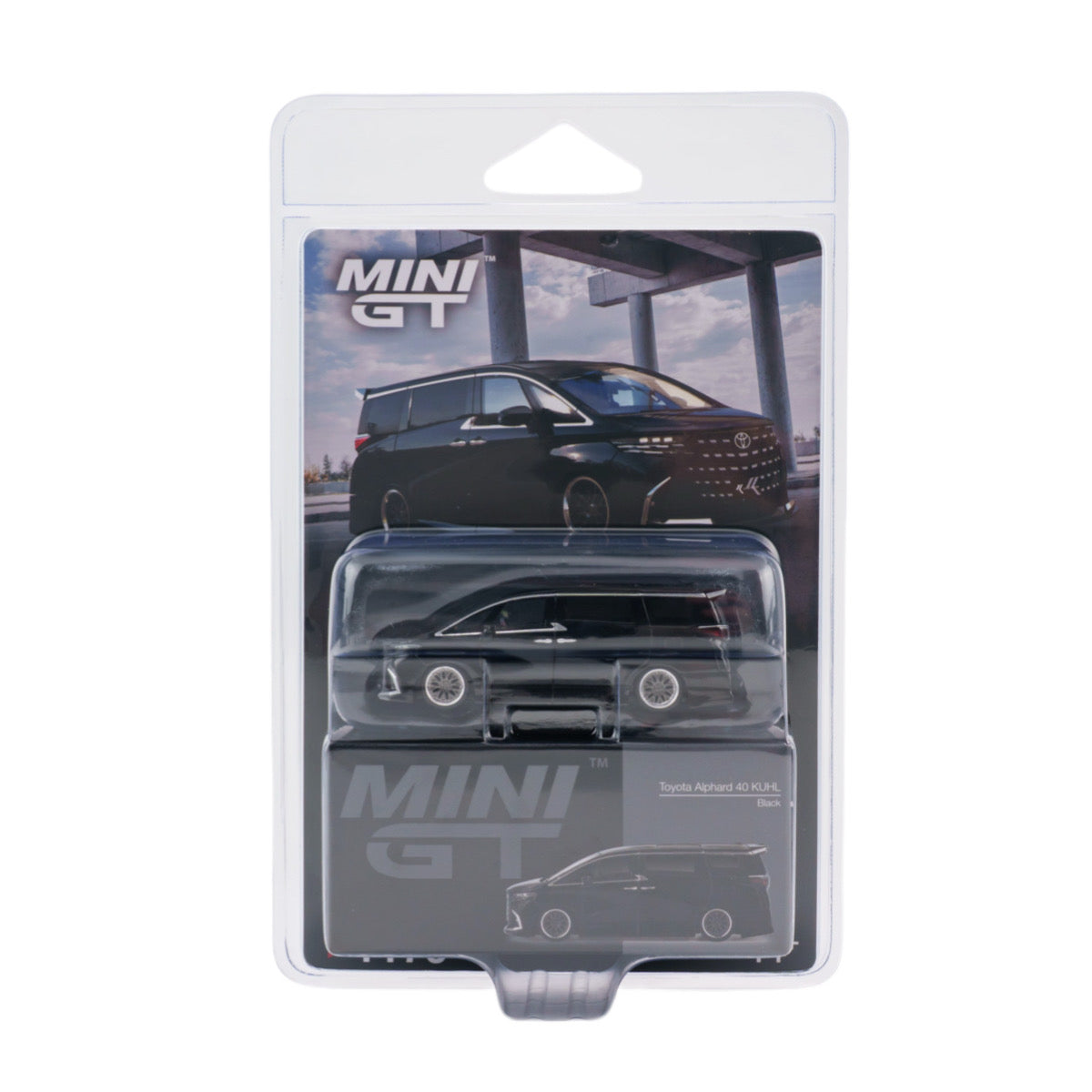 MINI GT Toyota Alfacel GT-A 4x4 diecast model car in its original blister packaging, featuring a black vehicle with silver wheels.