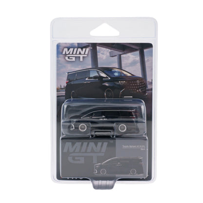 MINI GT Toyota Alfacel GT-A 4x4 diecast model car in its original blister packaging, featuring a black vehicle with silver wheels.