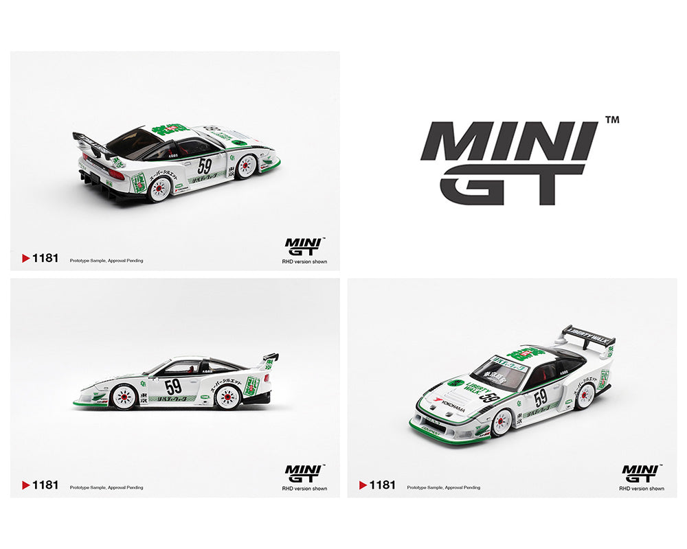 Mini GT model car packaging with two different views of a green and white race car.