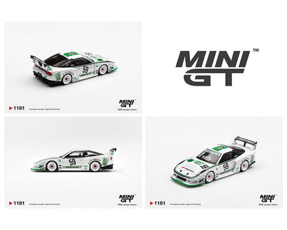 Mini GT model car packaging with two different views of a green and white race car.