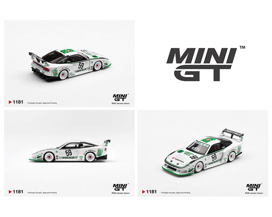 Mini GT model car packaging with two different views of a green and white race car.