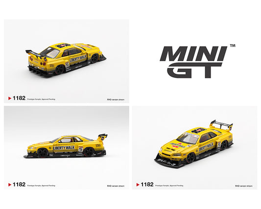 Yellow model cars with 'MINI GT' branding on a white background