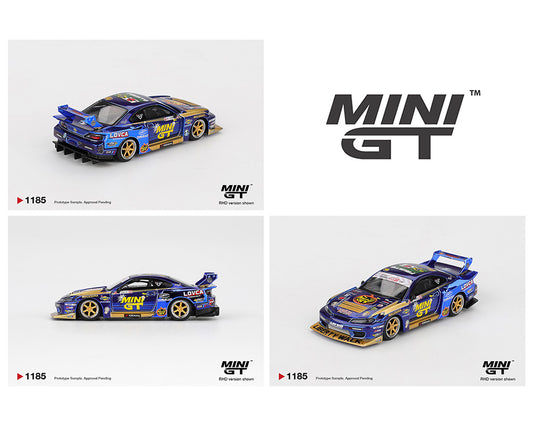 Three Mini GT Nissan LB-Super Silhouette S15 SILVIA #555 Team MINI GT Liberty Walk 2025 Formula Drift Halloween Special Chrome Blue in white background
