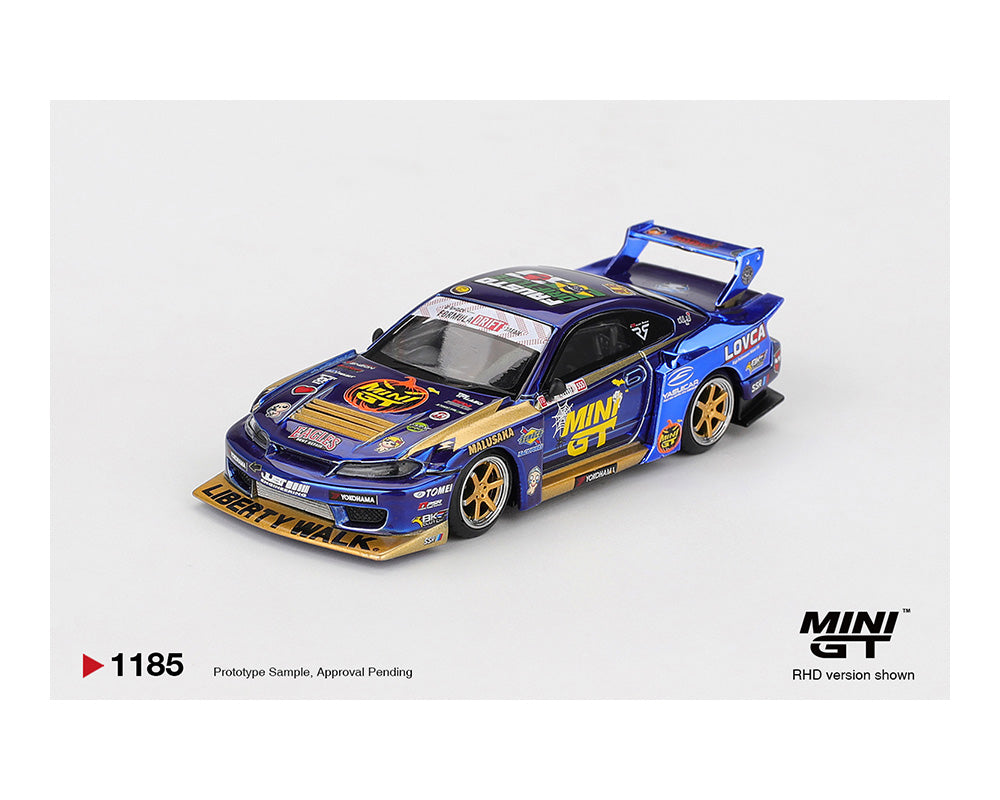 Mini GT Nissan LB-Super Silhouette S15 SILVIA #555 Team MINI GT Liberty Walk 2025 Formula Drift Halloween Special Chrome Blue in white background