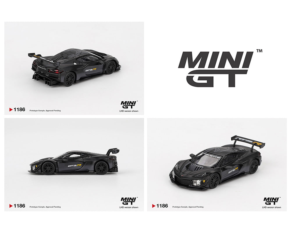 Three Mini GT Chevrolet Corvette Z06 GT3.R Road America Test car Black in white background