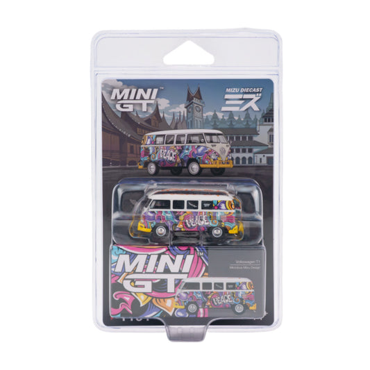 MINI GT x Esports collaboration diecast model van, featuring a colorful graffiti-style paint job on a classic white and yellow VW bus design. The model is packaged in its original blister card packaging with a clear plastic outer shell.
