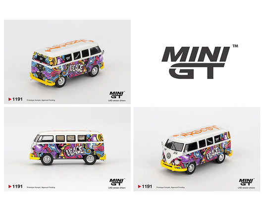 Three colorful model vans with 'MINI GT' branding on a white background