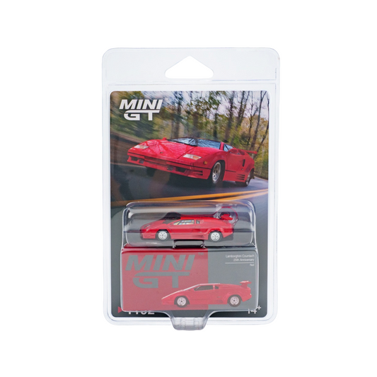 A Mini GT die-cast model car in its original blister pack packaging, featuring a red Lamborghini Countach style car. The packaging card displays the 'MINI GT' logo and a photo of the real car, with the model car and its red box visible inside the clear plastic blister.