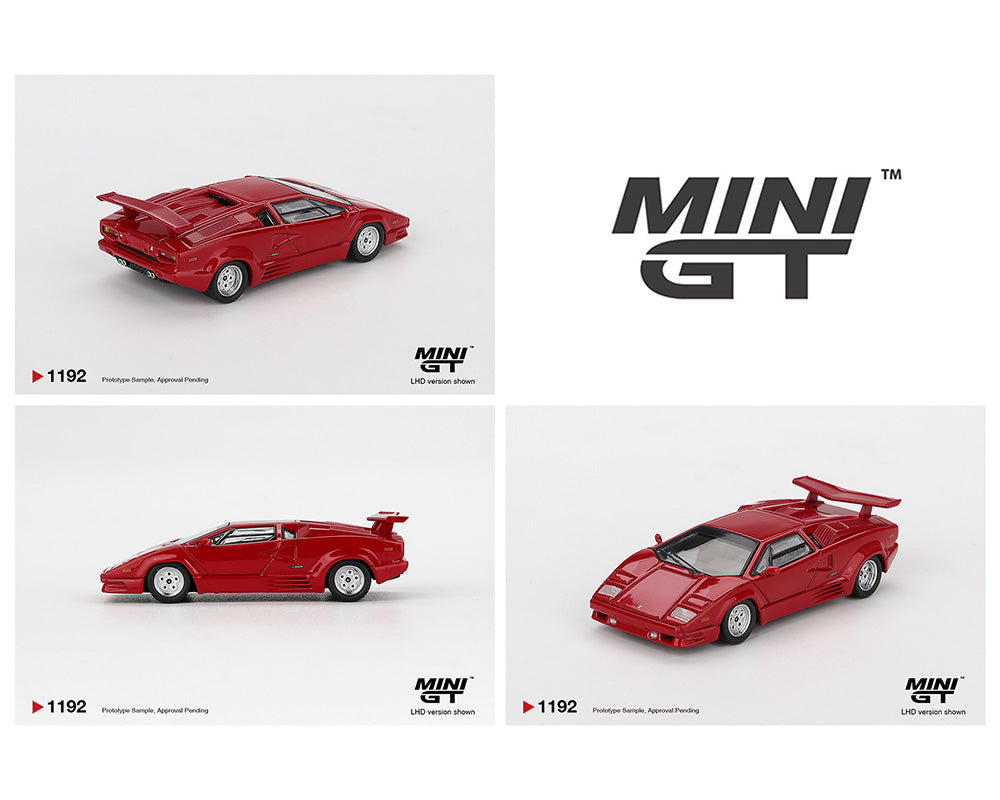 Red model cars with 'MINI GT' branding on a white background