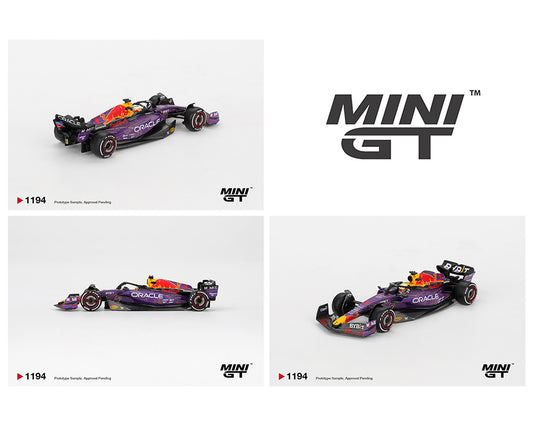 Mini GT model cars with a purple and black Formula One car on a white background