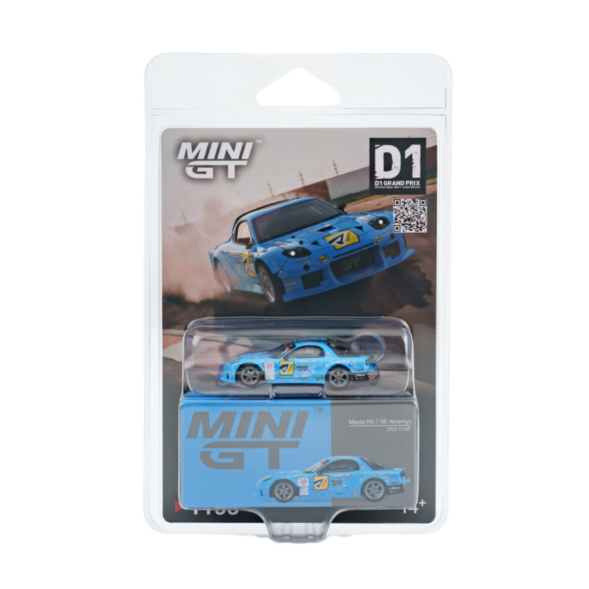 MINI GT D1 Street Racing 1/64 scale model car in its original blister packaging, featuring a light blue Mazda RX-7 with racing decals.