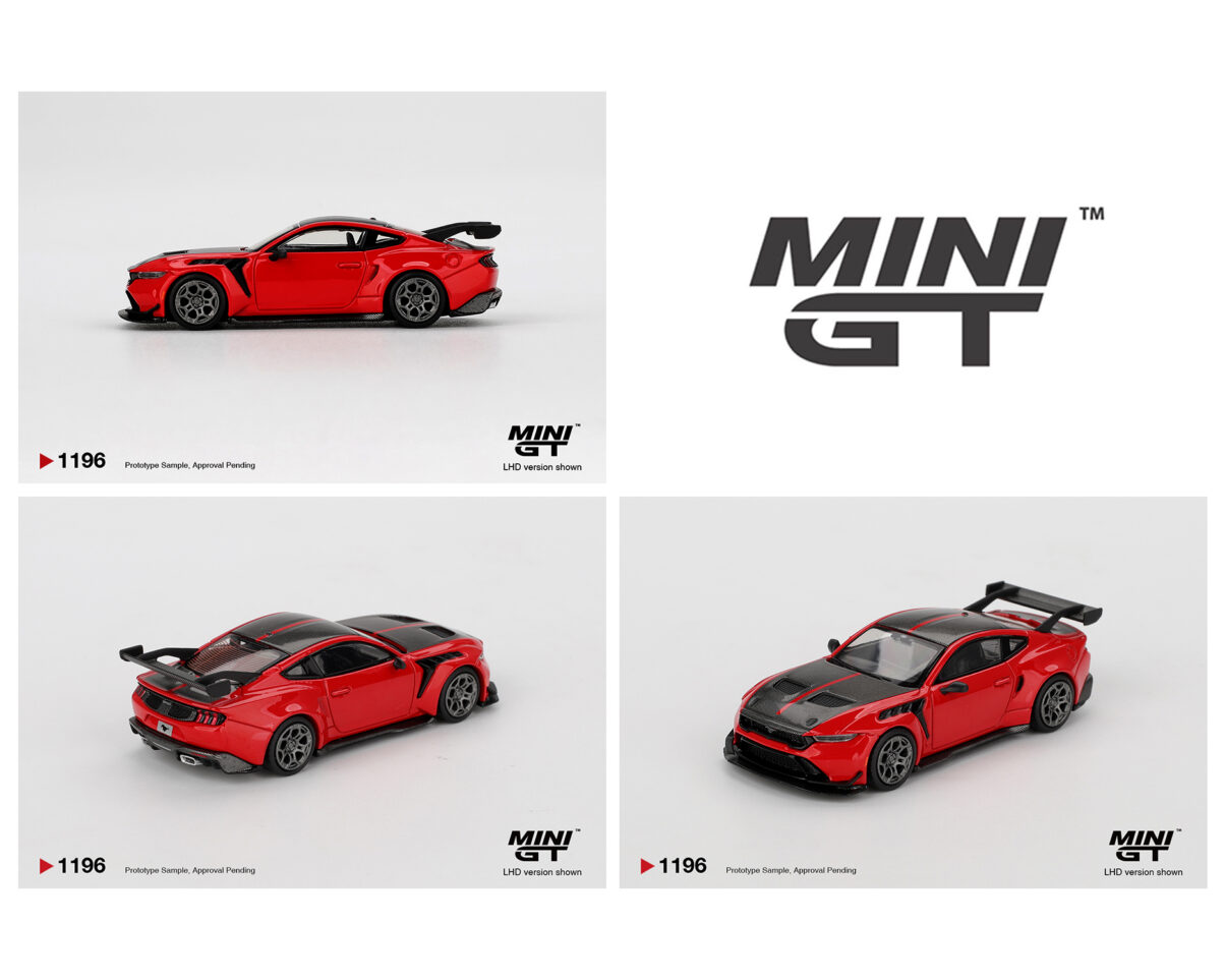 Three red sports cars with black accents on a white background, featuring the MINI GT logo.