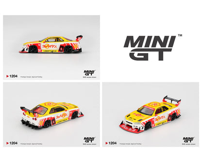 Three views of a Mini GT model car on a white background with the brand logo.