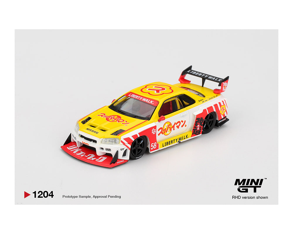 Model car with colorful design on a white background, featuring the Mini GT brand.