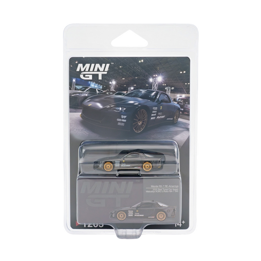 MINI GT toy car in its original blister packaging, featuring a black BMW M2 replica with gold wheels.