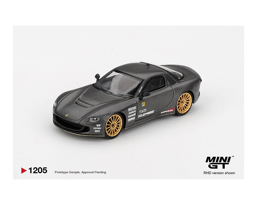 Model car with carbon fiber texture and gold wheels on a white background, featuring the Mini GT logo.