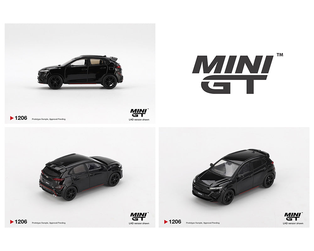 Black model car with 'MINI GT' branding on a white background