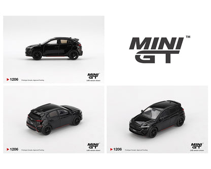 Black model car with 'MINI GT' branding on a white background