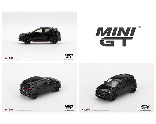 Black model car with 'MINI GT' branding on a white background