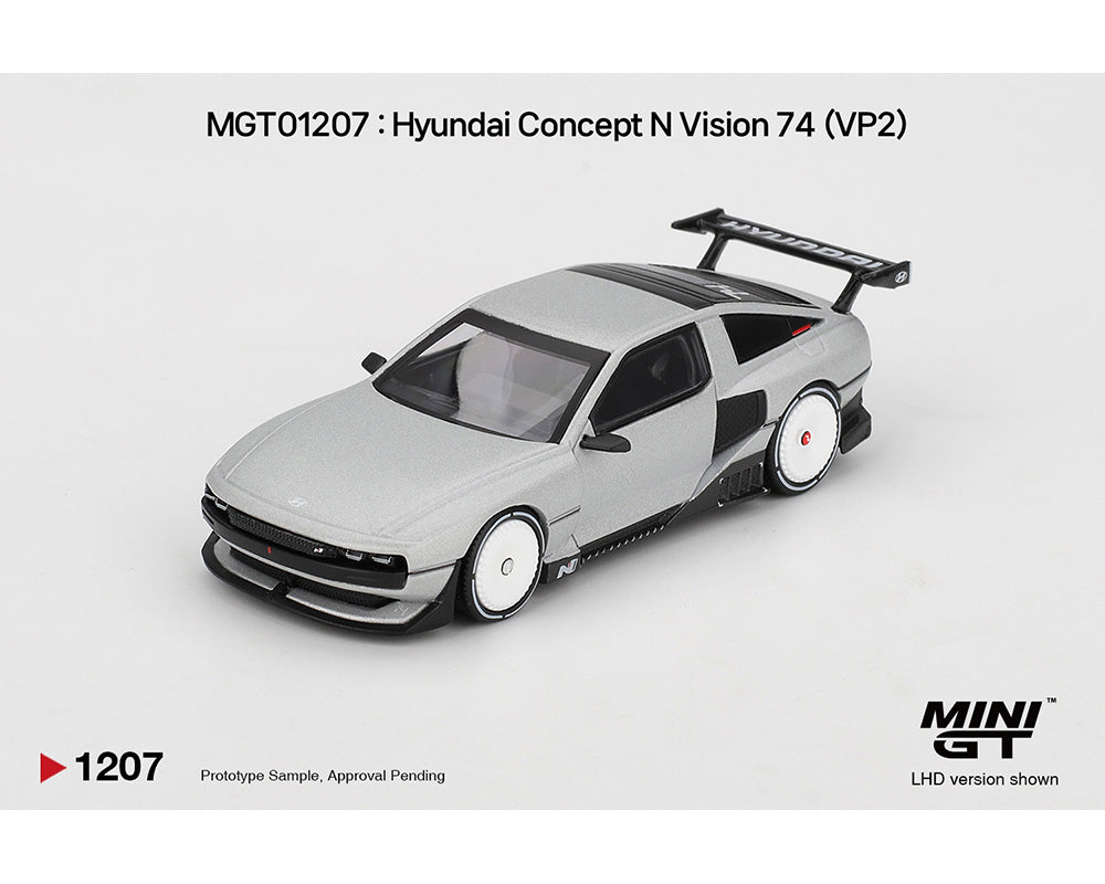 Model car of Hyundai Concept N Vision 74 on a white background with MINI GT branding.