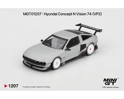 Model car of Hyundai Concept N Vision 74 on a white background with MINI GT branding.