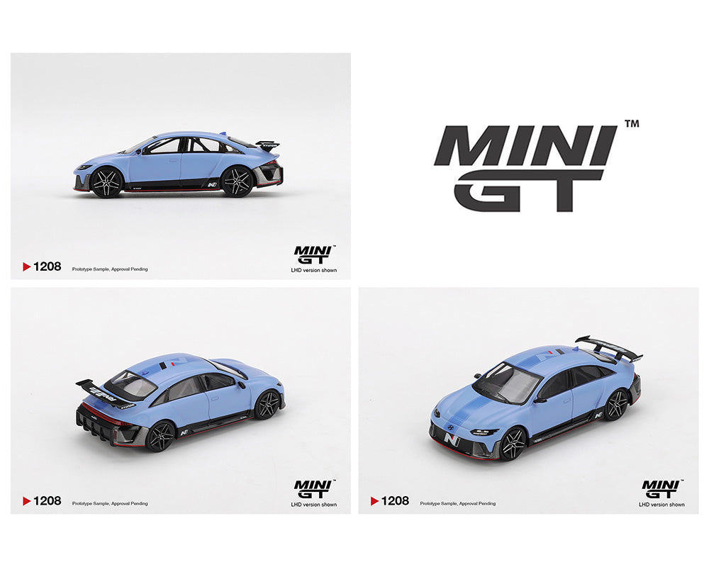 Three blue model cars with 'MINI GT' branding on a white background
